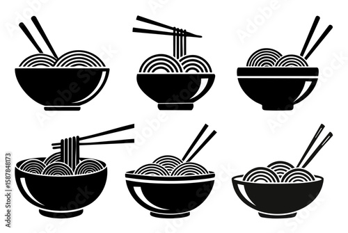 Bowl Of Noodles With Chopsticks Representing Asian Cuisine, Flat Vector Silhouette In Minimal Style, Isolated On White Background, Minimal Black Icon Collection