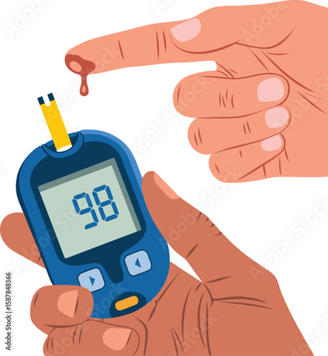 Blood Glucose Meter Testing for Diabetes with Finger Prick and Blood Drop Illustration