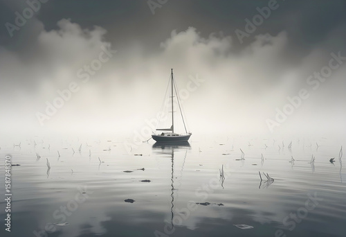 A sailboat sits peacefully on misty water with a beautiful reflection and a moody, ethereal atmosphere.