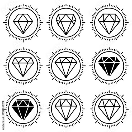 Black line art diamond emblems white jewel