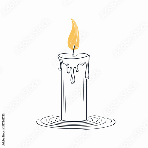 Candle with flickering flame, wick and wax detail illustrated in simple vector style.