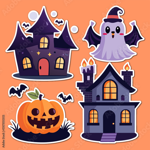 Cute Halloween Stickers Featuring Haunted Houses a Ghost Bats and a Smiling Pumpkin collection