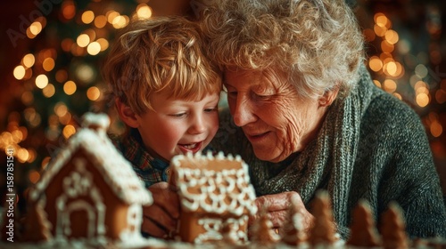 Grandmother and grandson joyfully admire a gingerbread house amidst warm holiday lights.