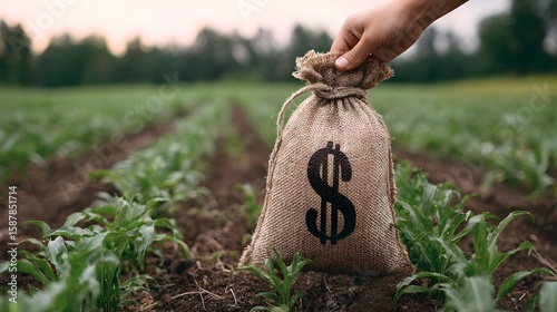 hand holding a money bag with a dollar sign in a farm field, symbolizing farm finance and investment	