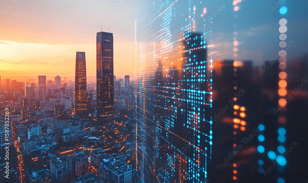 Fototapeta premium A cityscape at sunset overlaid with a digital network, illustrating technology and urban development.
