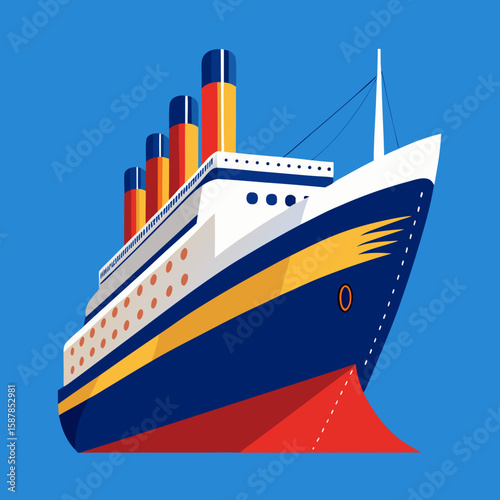Stylized Illustration of a Classic Ocean Liner with Four Funnels on a Blue Background Nautical Theme