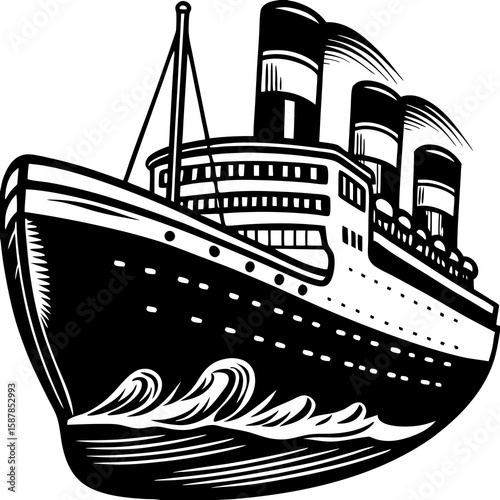 Vintage Cruise Ship Illustration with Three Smokestacks and Waves in Black and White Retro Style Vector Graphic