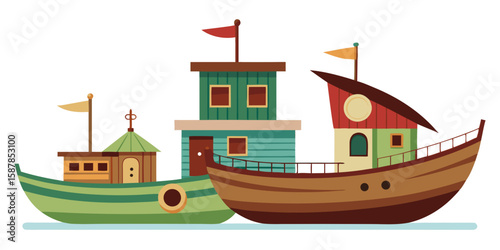 Stylized Illustration of Three Colorful Fishing Boats Floating on Water with Flags and Detailed Cabins and Hulls
