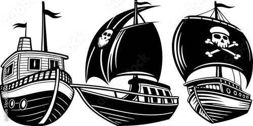 Three Pirate Ships with Jolly Rogers in Black and White Silhouette Style for Graphic Design and Illustration