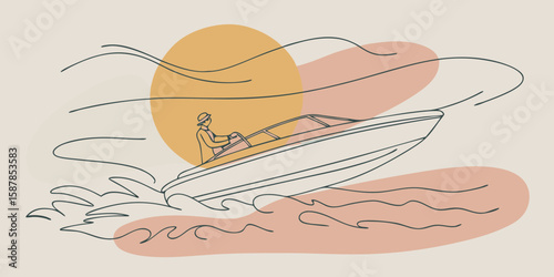 Minimalist Illustration of a Person Driving a Speedboat with Abstract Sun and Water Design Elements in Neutral Colors