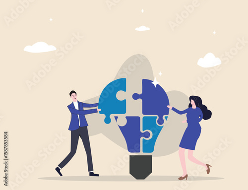 Smart problem solver finding innovative solutions businessman completes lightbulb puzzle by connecting the final piece.