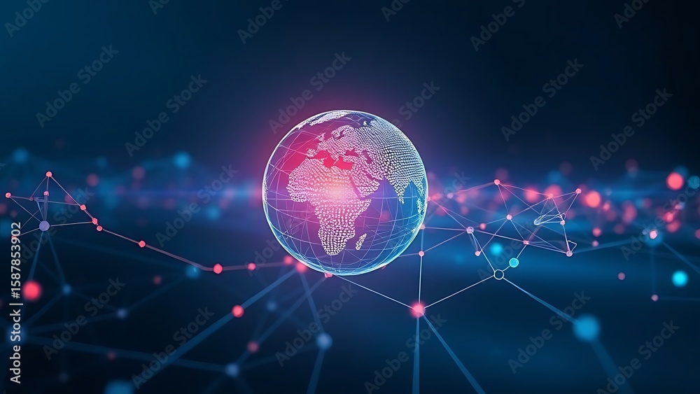 Obraz premium Global Network Connectivity and Digital Communication Concept with Glowing Earth Sphere and Interconnected Data Points on Dark Blue Background