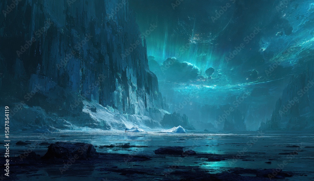 Fototapeta premium Frozen landscape bathed in ethereal blue light