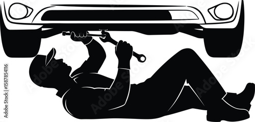 Vector art of a mechanic in silhouette is lying on his back under a car, using a wrench to perform repairs.