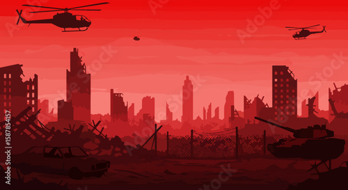 Post-Apocalyptic Cityscape Vector with Silhouetted Tank, Wrecked Car, and Helicopters in Red and Black War-Torn Landscape