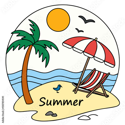 A charming cartoon illustration of a tropical beach scene with a palm tree and beach chair