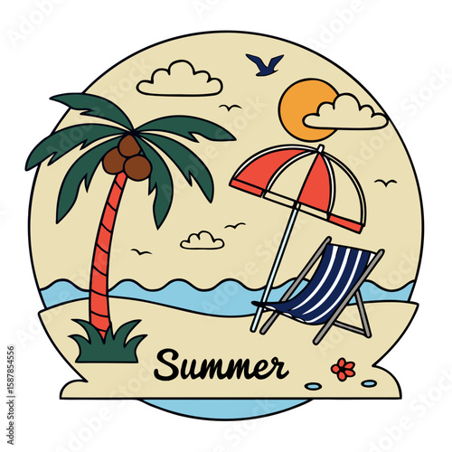 Tropical beach scene with palm tree umbrella and lounge chair