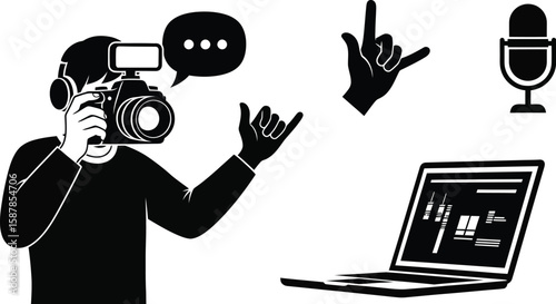Vector art of a photographer with a camera, microphone, and laptop illustrates the tools of content creation.