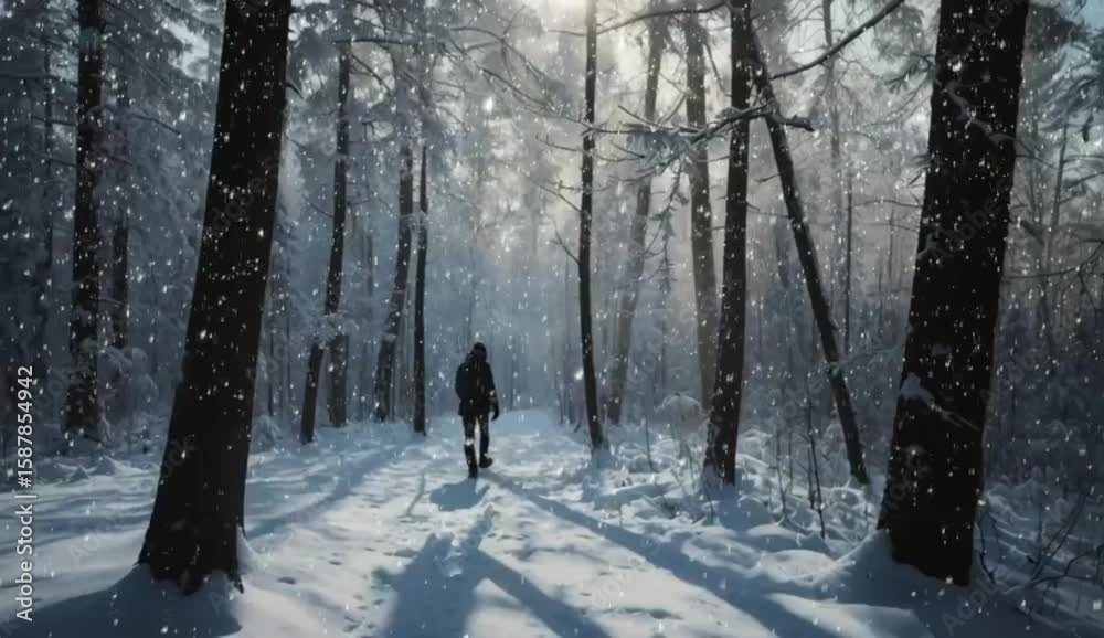 Lonely Person Walking in Snowy Forest During Light Snowfall Video Lonely Person Walking in Snowy Forest During Light Snowfall Video