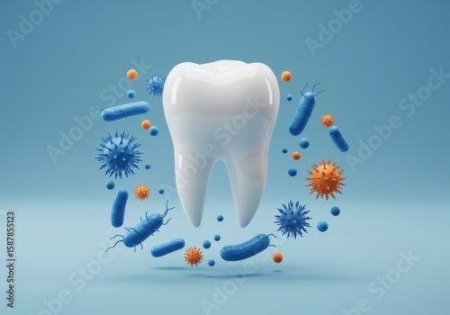 A healthy tooth surrounded by various types of bacteria and viruses on a blue background