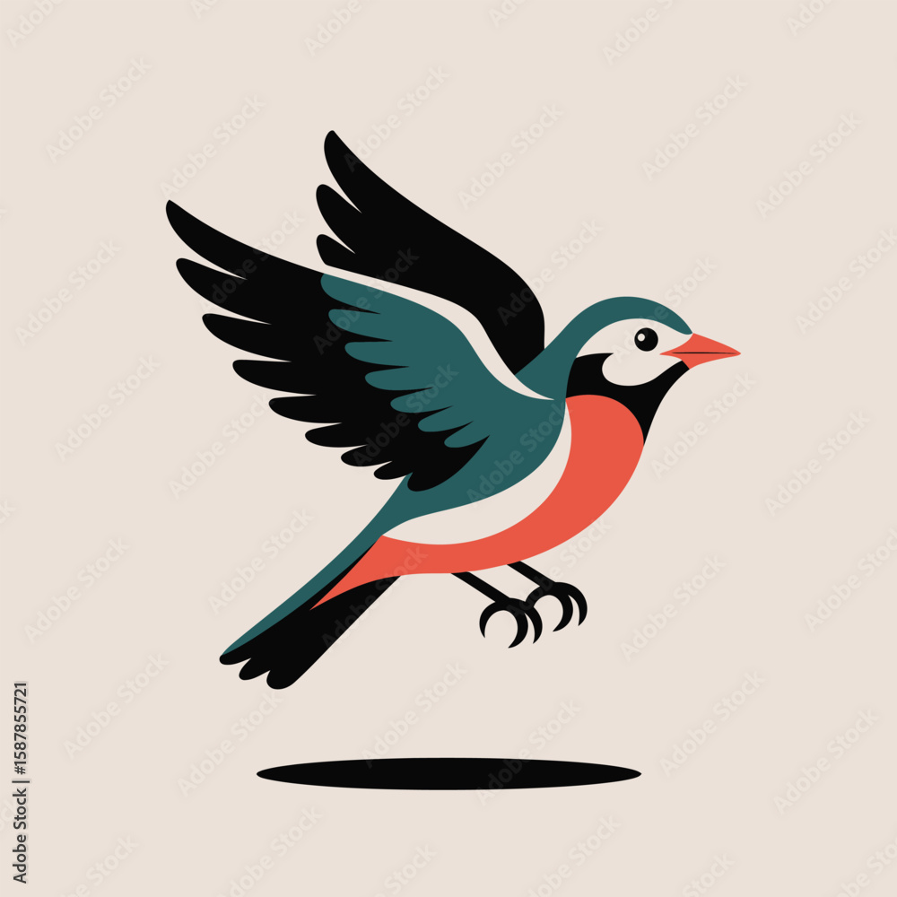 Obraz premium Teal and Coral Bird in Flight Vector Style Illustration Against Beige Background Simple Minimalist Design
