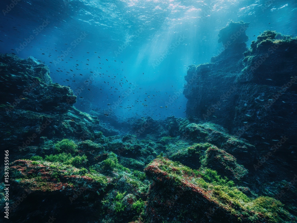 Obraz premium Sunlight pierces underwater rock formations, teeming with fish