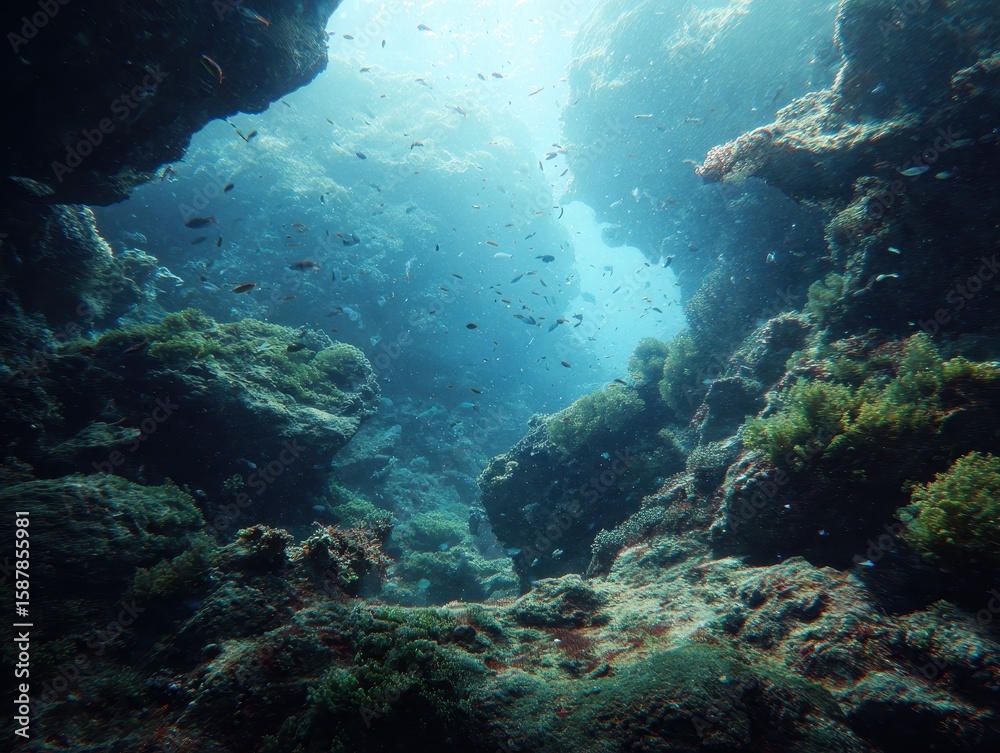 Naklejka premium Underwater coral cave, sunbeams, schools of fish