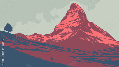 Stunning mountain landscape vector illustration with vibrant colors and a lone tree for nature lovers design