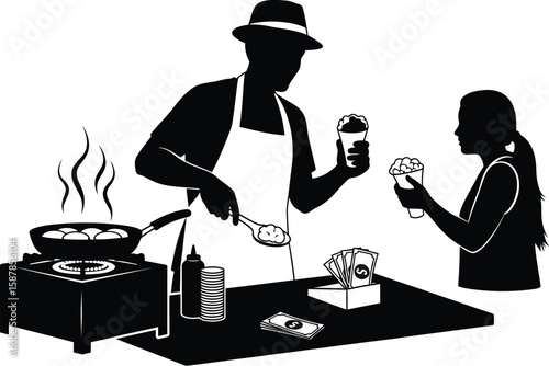 Vector art of a street food vendor in silhouette is cooking and serving a customer.