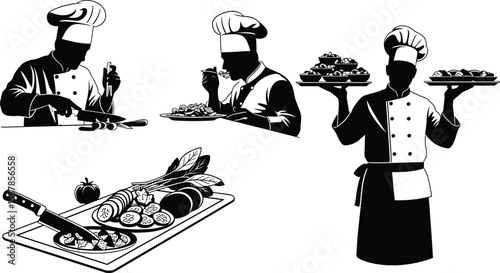 Vector art of a collection of chef silhouettes preparing and serving food.