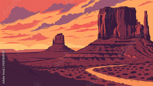 Illustration of monument valley arizona landscape with desert sunset and scenic sandstone buttes view