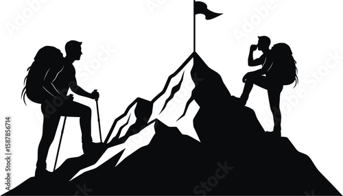 Vector art of two hikers in silhouette reach the mountain peak with a flag.