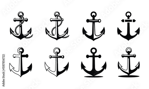 Nautical Anchor Silhouettes: Black Maritime Symbols with Rope for Stability and Travel

