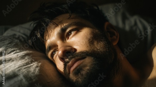 A contemplative man with a beard lies in bed, gazing into the distance, illuminated by soft, natural light.