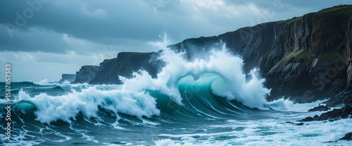 Crashing waves roll powerfully against the dramatic cliffs during a storm, displaying the raw beauty and energy of the ocean.