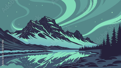 Mountain landscape with aurora borealis vector illustration for nature and travel themed designs and backgrounds