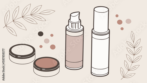 Illustration of beauty products skincare makeup cosmetic containers and botanical elements for graphic design