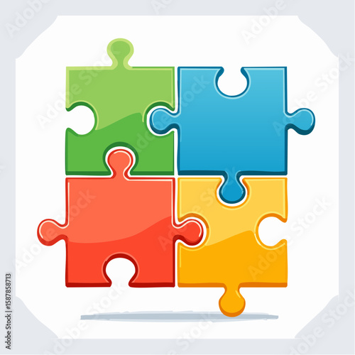 Four connected puzzle pieces show teamwork and finding solutions together