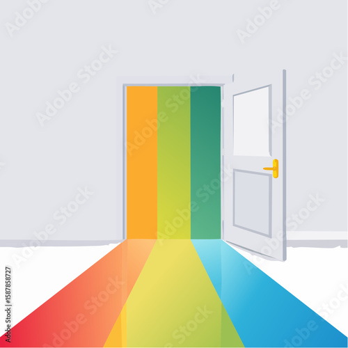 Colorful light streams through open doorway into a white room