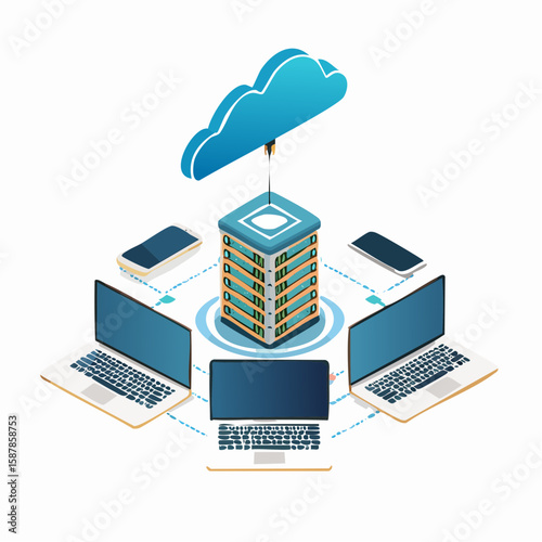 Isometric illustration shows laptops, mobiles, and servers linked to a cloud