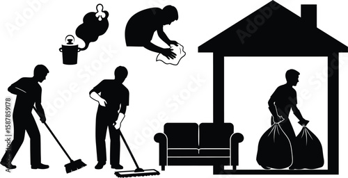 Vector art of a cleaning service is cleaning a house with various tools and equipment.