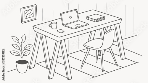 Home office setup with desk, laptop, chair, plant and decor for remote work and study space design ideas