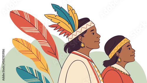 Native american thanksgiving illustration with traditional clothing and feathers design vector art