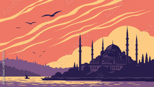 Istanbul turkey cityscape vector illustration with sunset, mosque, birds and boats, travel destination art