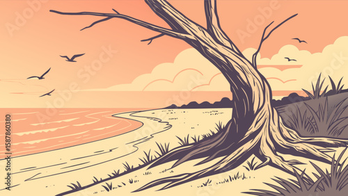 Illustration of beach landscape with dead tree at sunset and birds flying in the sky art design