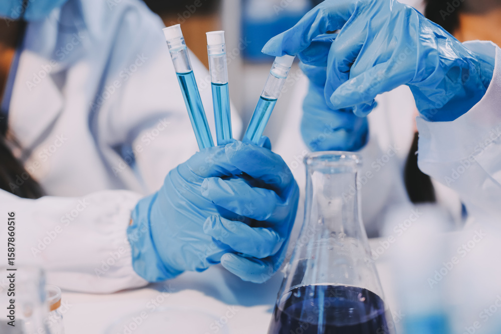 Fototapeta premium Modern Empty Science Laboratory With Microscopes, Test Tubes And Other Laboratory Equipments
