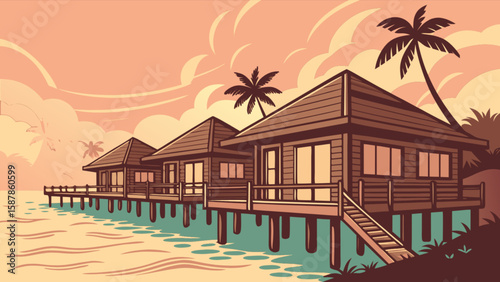 Tropical beach resort vacation rentals bungalows overwater villas palm trees sunset paradise travel destination