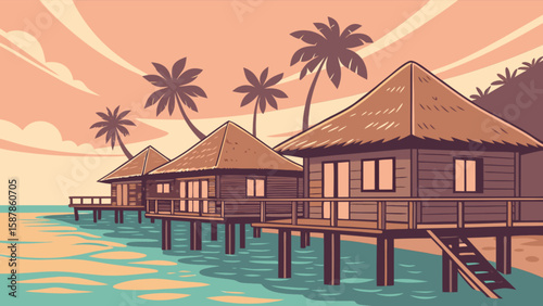 Tropical beach resort vacation with bungalows and palm trees for travel and tourism advertising and marketing