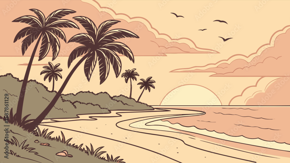 Obraz premium Tropical beach sunset scene with palm trees vector illustration for summer vacation design 100