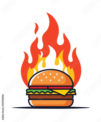 Dynamic Grilled Burger Logo with Bold Flame Logo Vector Illustration 